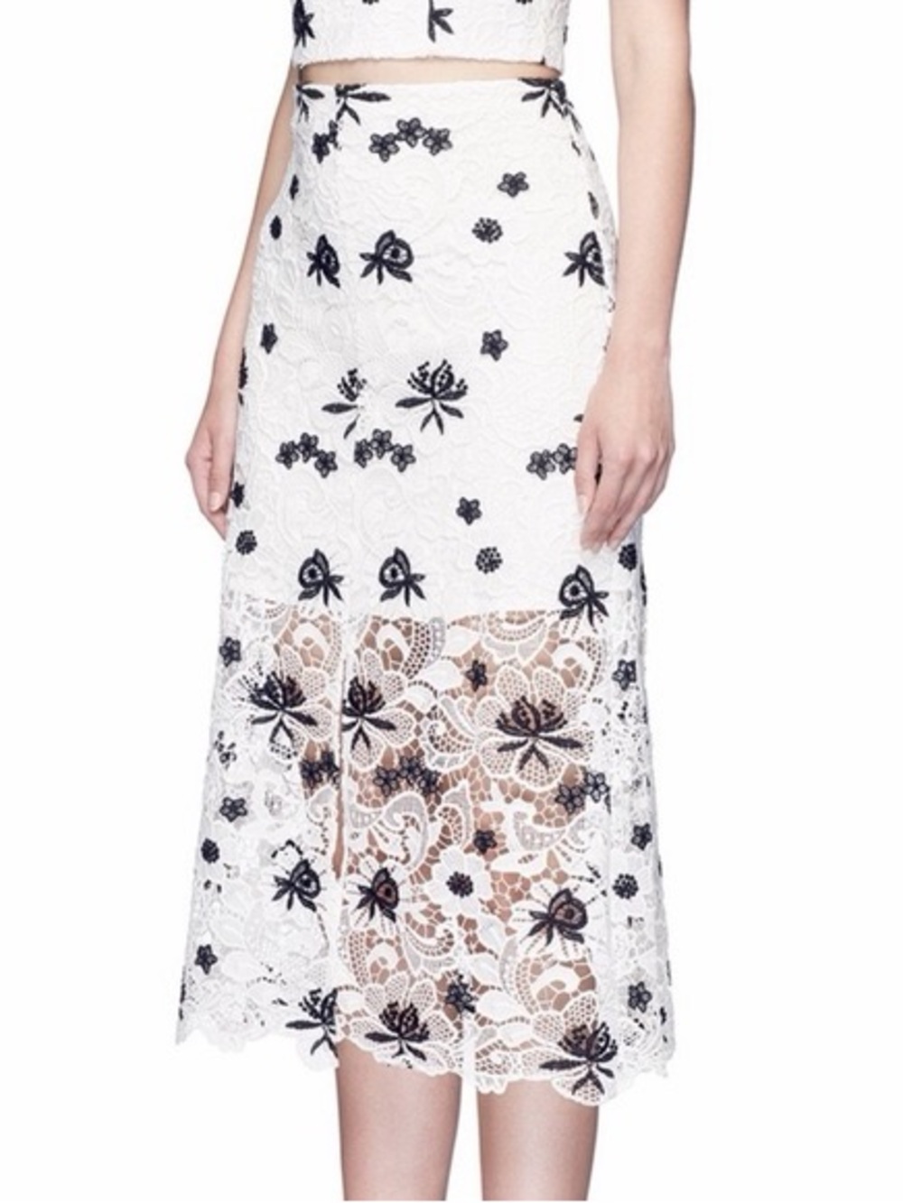 Alice + Olivia White Lace Midi Skirt with Black Floral Appliqué